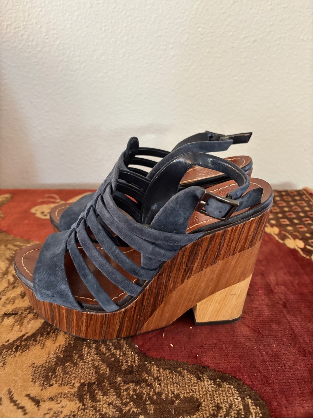 Vince Camuto Navy Suede Strappy Wood-Platform Wedges